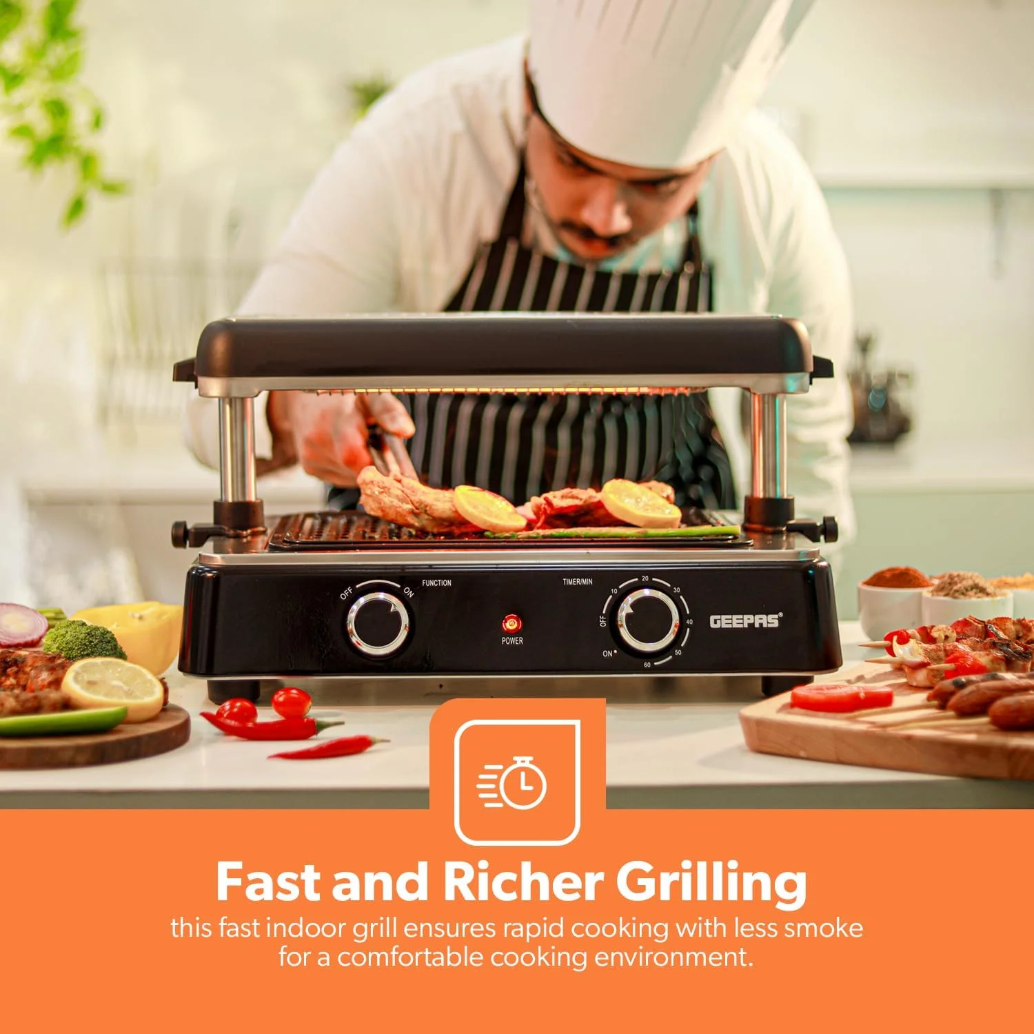 گریل سریع داخلی Geepas مدل GBG63060 | کنترل ترموستات برای پخت و پز متنوع | ایده آل برای استیک، سبزیجات و غیره | جمع و جور، میله تغییر مکان ثبت شده | مشکی
