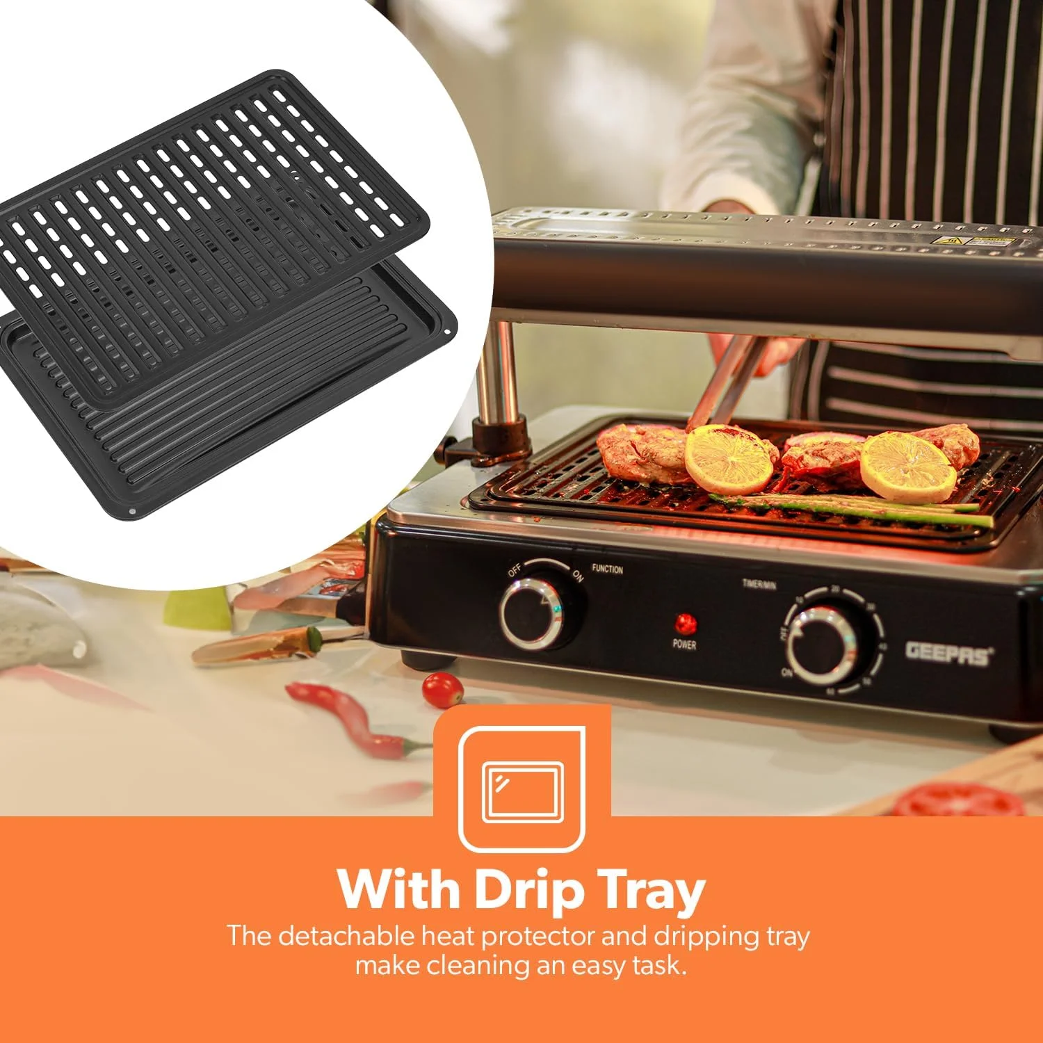 گریل سریع داخلی Geepas مدل GBG63060 | کنترل ترموستات برای پخت و پز متنوع | ایده آل برای استیک، سبزیجات و غیره | جمع و جور، میله تغییر مکان ثبت شده | مشکی