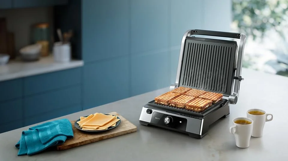 گریل تماسی فیلیپس سری 5000 - 2200 وات، قابلیت باز شدن 180 درجه، ارتفاع قابل تنظیم، صفحات جداشدنی، توان بالا، قفل دسته، نقره ای/مشکی - HD6301/90