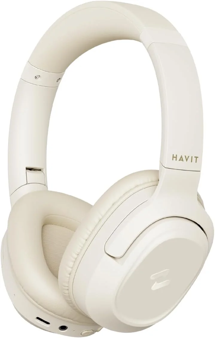 هدفون بی‌سیم بلوتوثی HAVIT H612BT با 50 ساعت پخش، صدای استریو، طراحی تاشو دور گوش، شارژ سریع USB-C، درایورهای 40 میلی‌متری، میکروفون داخلی، حالت AUX، برای موسیقی، کار، تماس، مسافرت (بژ)