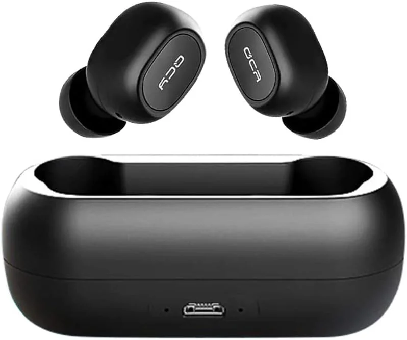 هدفون بلوتوثی QCY T1C نسخه 5.0 با محفظه شارژ 380 میلی آمپر ساعتی، ضد عرق، صدای استریو باس HD کریستالی، مینی هدفون بی سیم