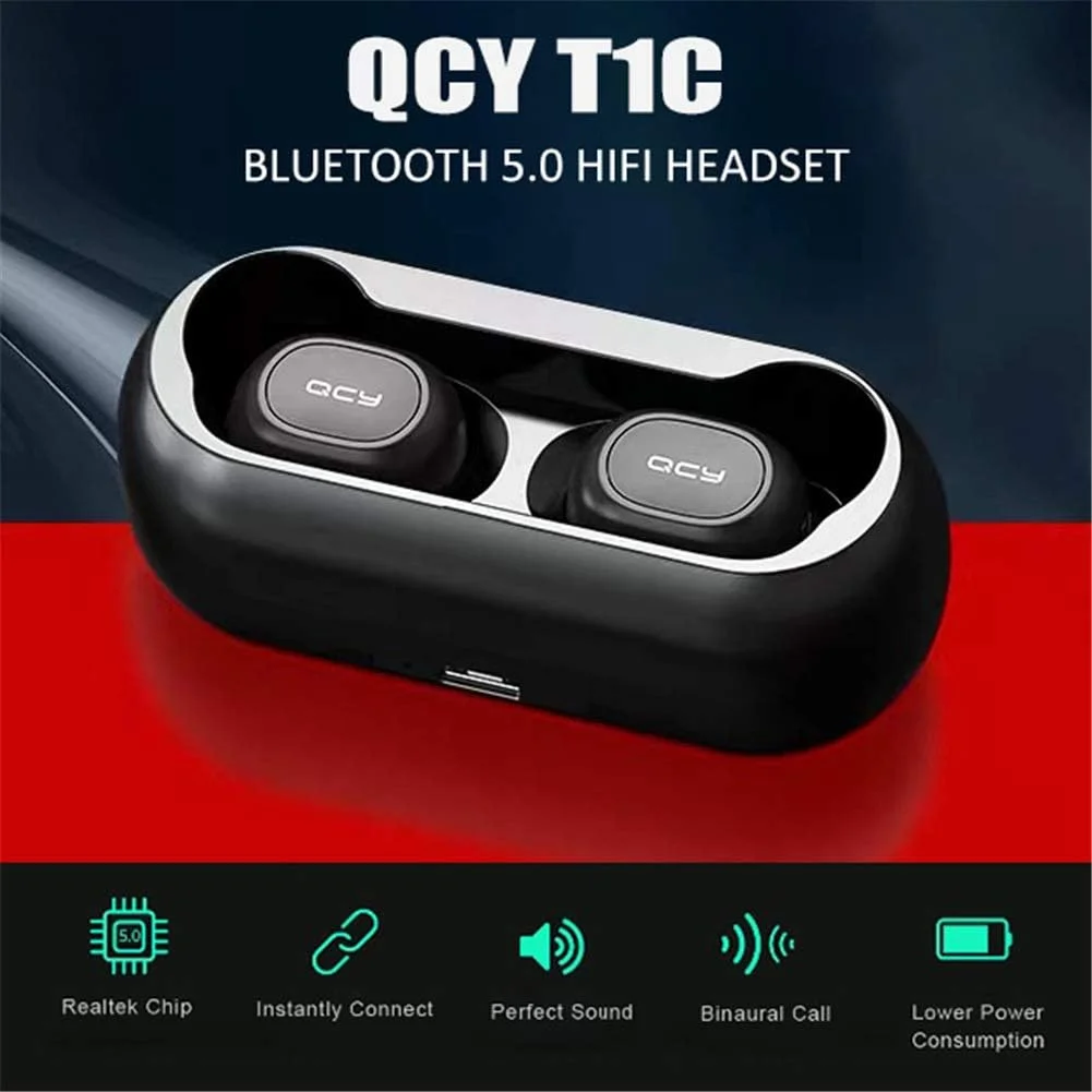 هدفون بلوتوثی QCY T1C نسخه 5.0 با محفظه شارژ 380 میلی آمپر ساعتی، ضد عرق، صدای استریو باس HD کریستالی، مینی هدفون بی سیم