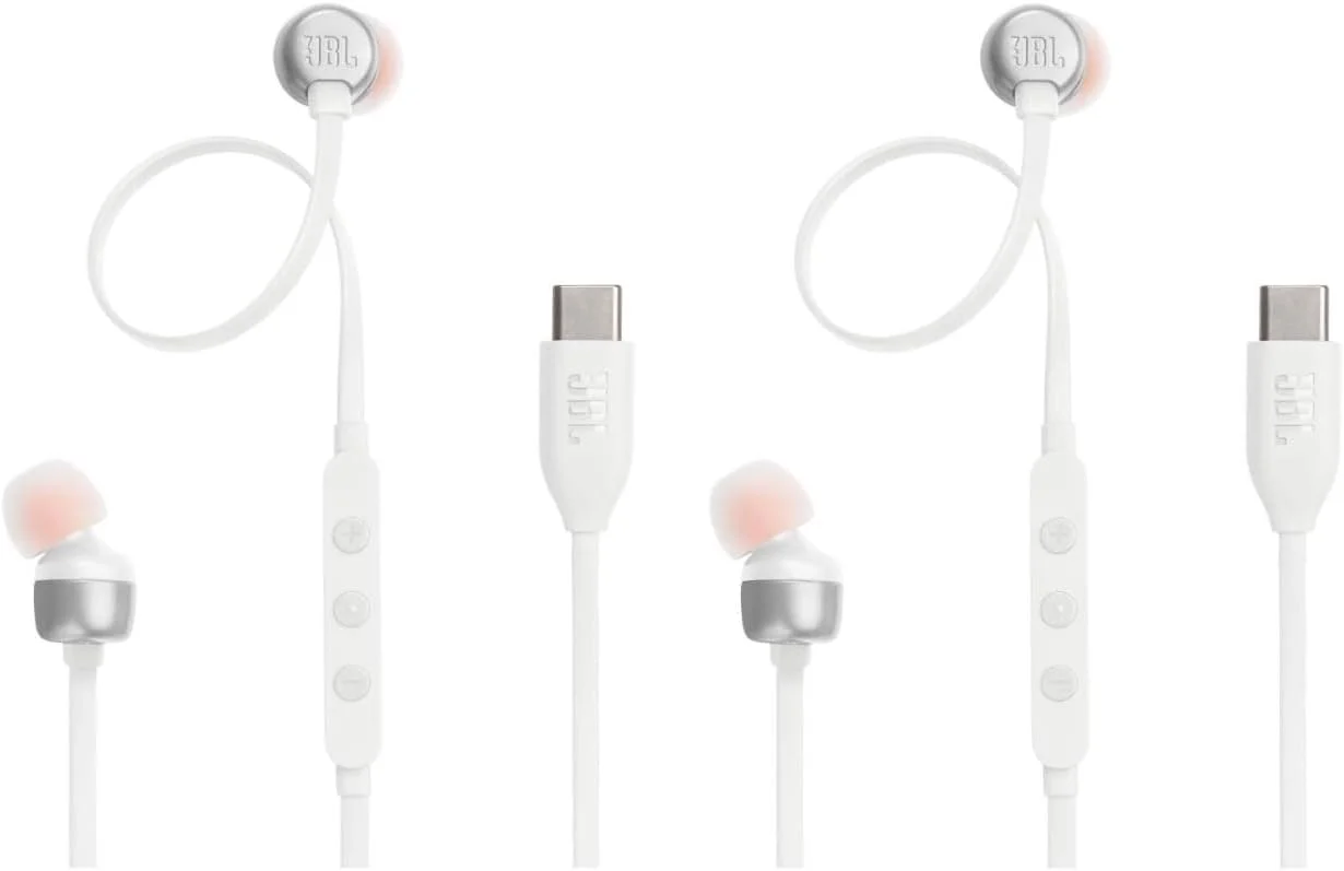 هدفون های داخل گوشی سیم دار JBL Tune 310C با وضوح بالا، اتصال USB-C و میکروفون، کابل تخت بدون گره خوردگی، ریموت 3 دکمه، صدای Pure Bass، سازگار با آیفون، آیپد و اندروید - سفید، بسته 2 عددی