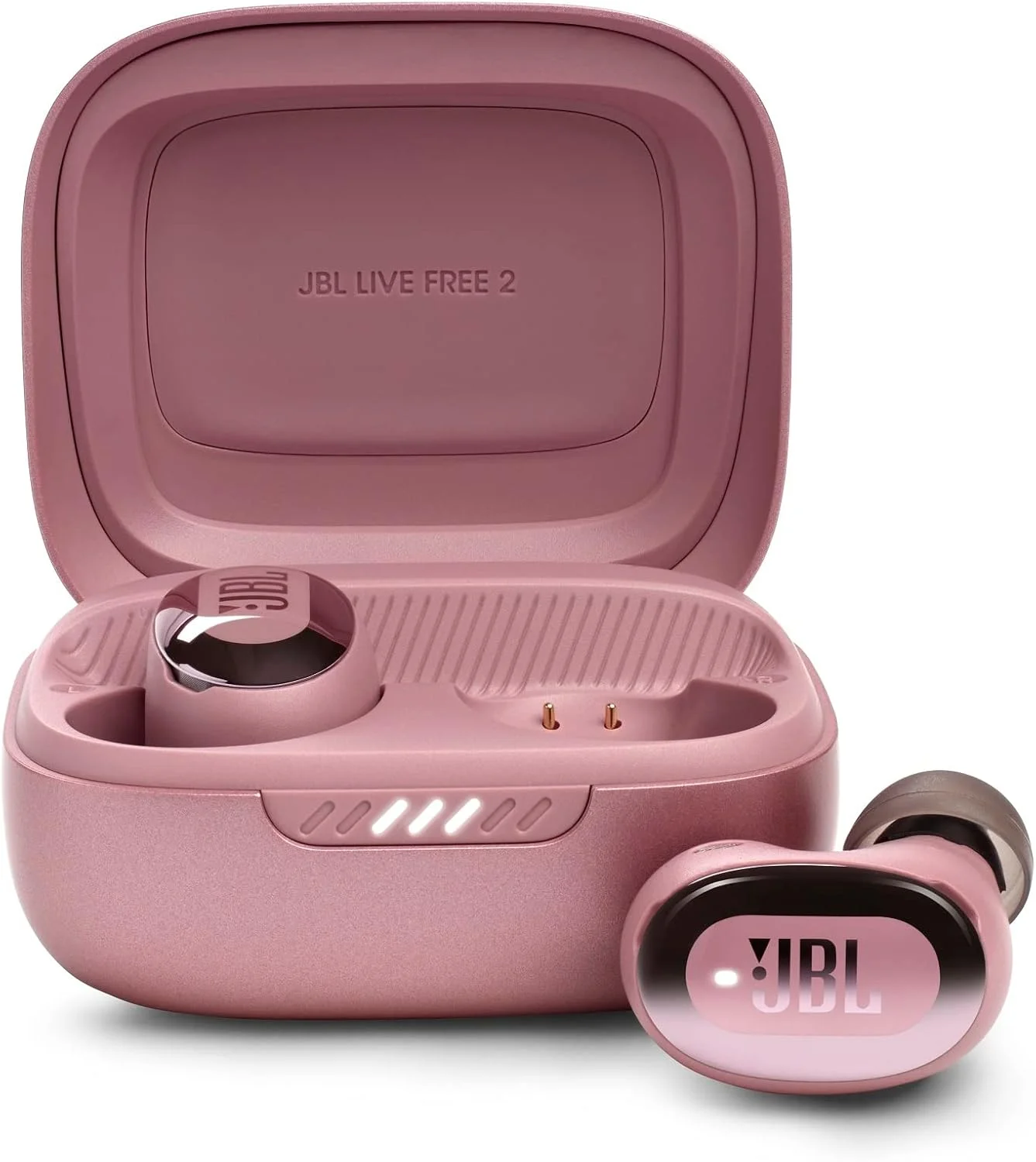 هدفون بی سیم حذف نویز JBL Live Free 2، تا 35 ساعت پخش موسیقی، 6 میکروفون برای تماس های بی نقص با حذف نویز، ضد آب IPX5، طراحی بیضی شکل برای راحتی بیشتر، ایزولاسیون و بیس بهتر (رنگ رز)