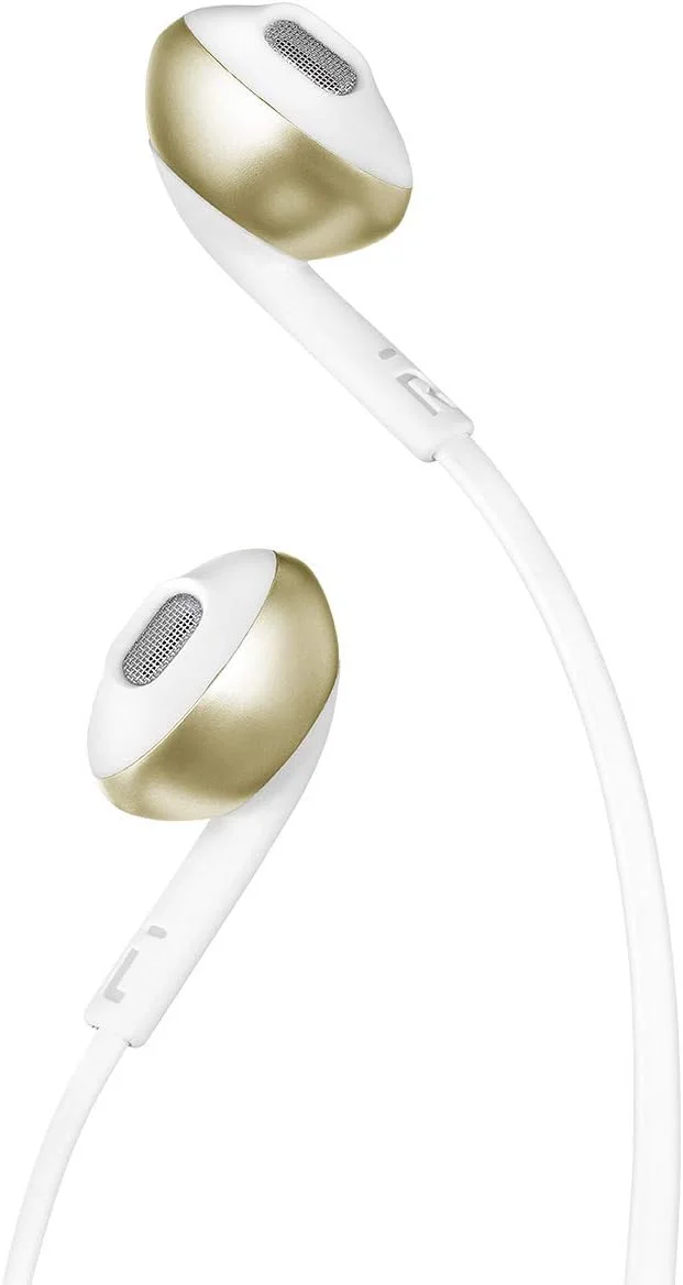 هدفون بی سیم داخل گوشی JBL Tune 205BT، صدای باس عمیق و قدرتمند، 6 ساعت عمر باتری، تماس هندزفری، ریموت 3 دکمه با میکروفون، تناسب راحت، کابل تخت بدون گره - سفید/طلایی، T205BTCGD