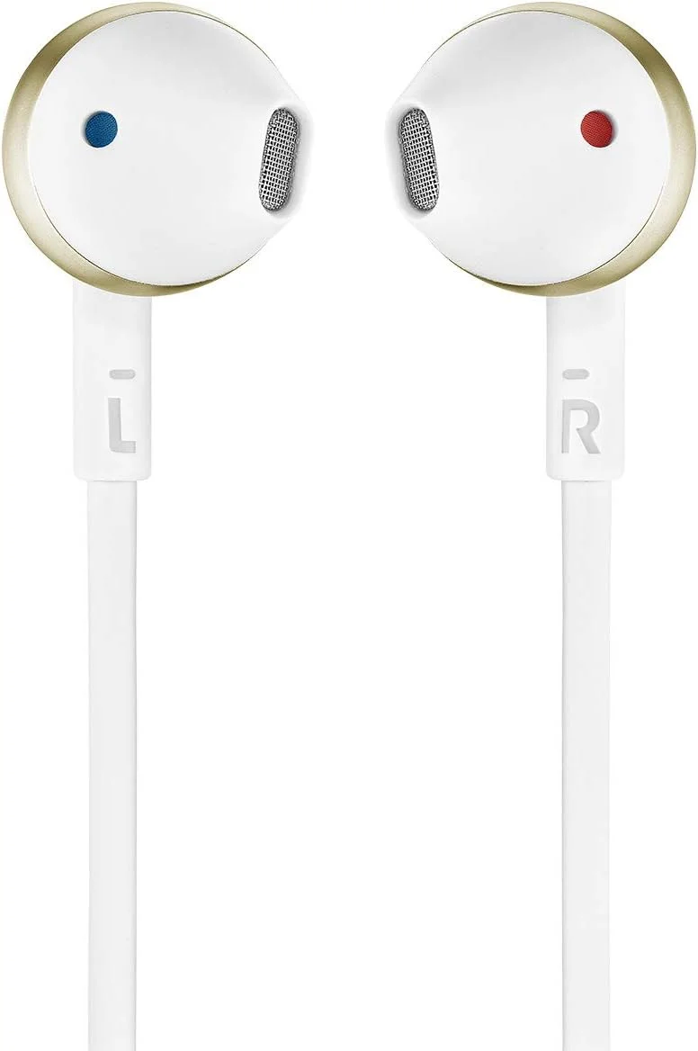 هدفون بی سیم داخل گوشی JBL Tune 205BT، صدای باس عمیق و قدرتمند، 6 ساعت عمر باتری، تماس هندزفری، ریموت 3 دکمه با میکروفون، تناسب راحت، کابل تخت بدون گره - سفید/طلایی، T205BTCGD
