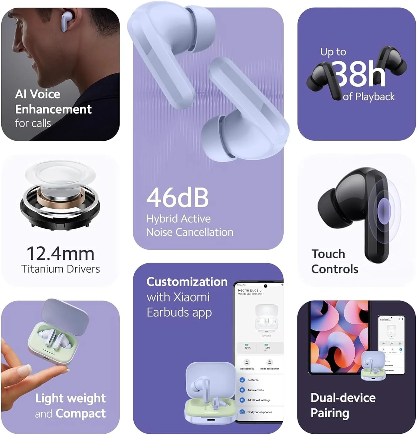 هدفون بی سیم شیائومی Redmi Buds 5، هدفون بلوتوث 5.3 داخل گوشی، حذف نویز فعال 46 دسی بل، تا 38 ساعت عمر باتری، درایور دینامیک، ضد آب 5ATM - مشکی - تصویر 2 هدفون بی سیم شیائومی Redmi Buds 5، هدفون بلوتوث 5.3 داخل گوشی، حذف نویز فعال 46 دسی بل، تا 38 ساعت عمر باتری، درایور دینامیک، ضد آب 5ATM - مشکی - تصویر 2