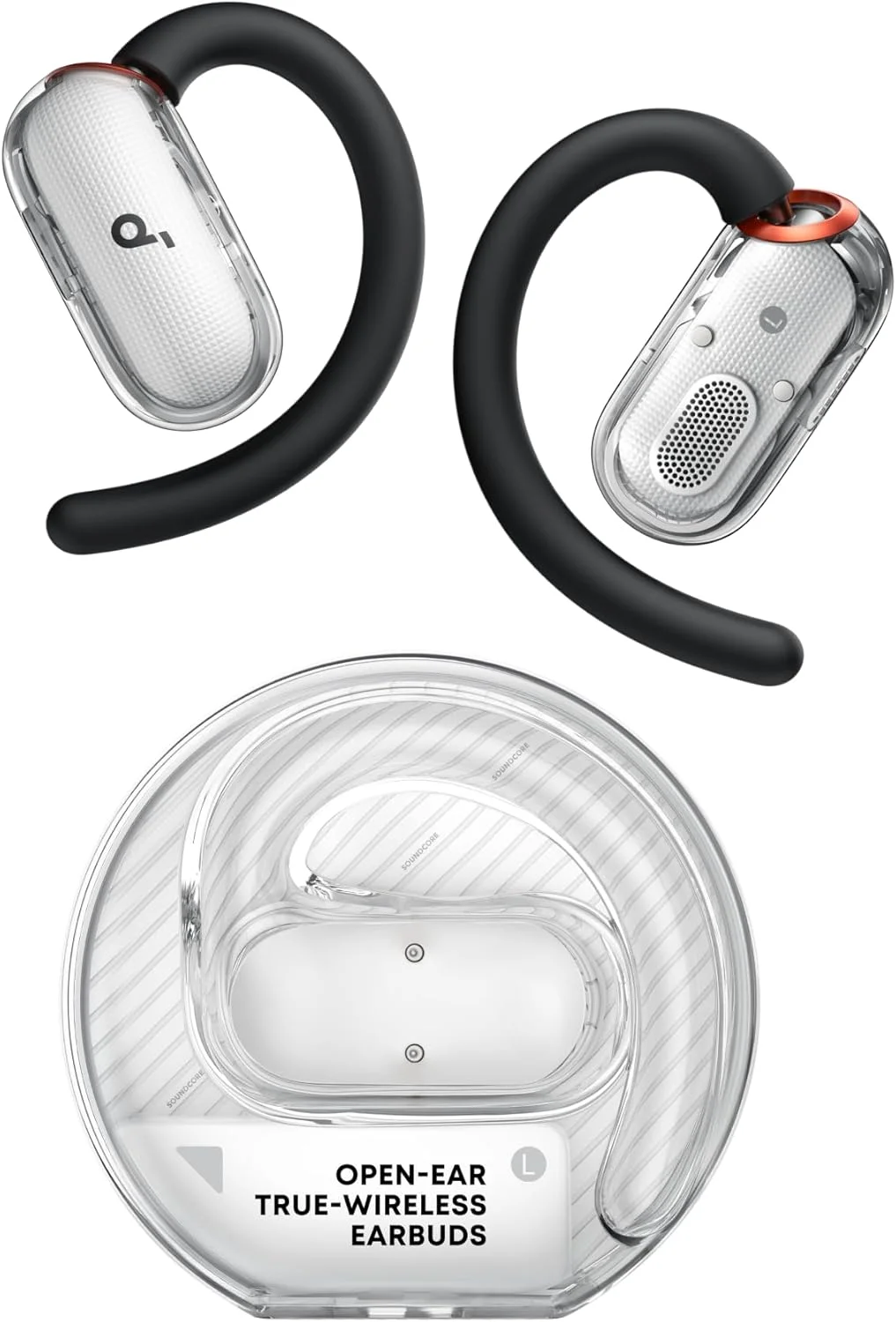 هدفون های دور گوشی V40i انکر (Anker) مدل soundcore، طراحی شفاف و کریستالی، 4 حالت قابل تنظیم برای هر سایز گوش، بیس قوی تر، IP55، 21 ساعت پخش، تماس های شفاف با هوش مصنوعی، بلوتوث 5.4، کنترل از طریق اپلیکیشن