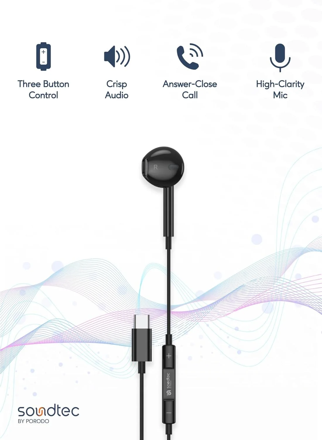 هدفون تک گوش Porodo Soundtec با اتصال Type-C، میکروفون با وضوح بالا، طول 1.2 متری، کنترل 3 دکمه ای، سازگار با آیپد، تلفن های هوشمند، تبلت ها، بلندگوها - مشکی
