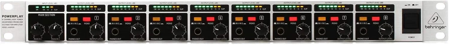 تقویت کننده توزیع و میکس هدفون 8 کاناله با قدرت بالا بهرینگر، نقره ای و مشکی، HA8000V2