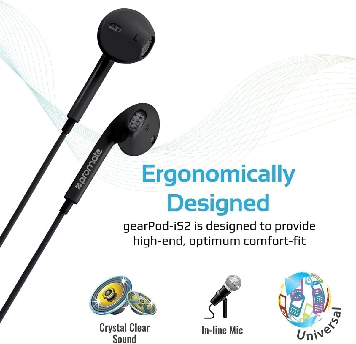 هدفون داخل گوشی پرومیت مدل Gearpod-IS2 با جک 3.5 میلی‌متری، صدای شفاف و ایزوله‌سازی نویز، دارای کنترل صدا و میکروفون داخلی برای گوشی‌های هوشمند، کامپیوتر، تبلت و لپ‌تاپ - مشکی