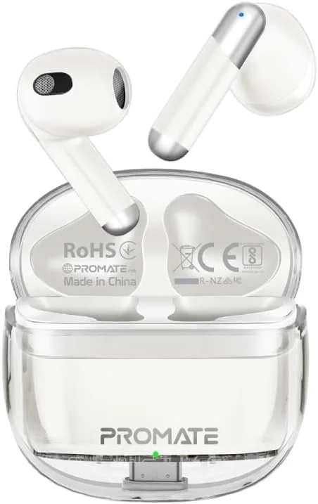 هدفون های داخل گوشی Promate، هدفون های بلوتوثی بی سیم واقعی نسخه 5.3، جعبه شفاف، 26 ساعت پخش، کنترل های لمسی هوشمند، ظرفیت باتری 350 میلی آمپر ساعت برای آیفون 15، گلکسی S23، TRANSPODS.WHITE