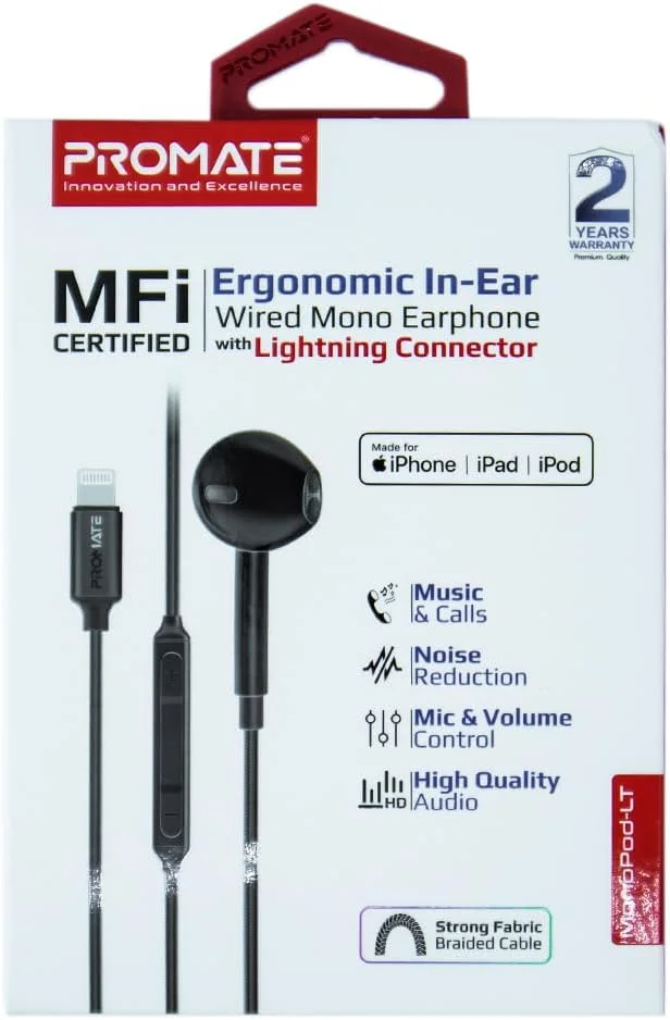 هندزفری تک گوش داخل گوشی Promate MFI با کانکتور لایتنینگ | MonoPod-LT.Black برای آیفون 12، 13 و 14 هندزفری تک گوش داخل گوشی Promate MFI با کانکتور لایتنینگ | MonoPod-LT.Black برای آیفون 12، 13 و 14