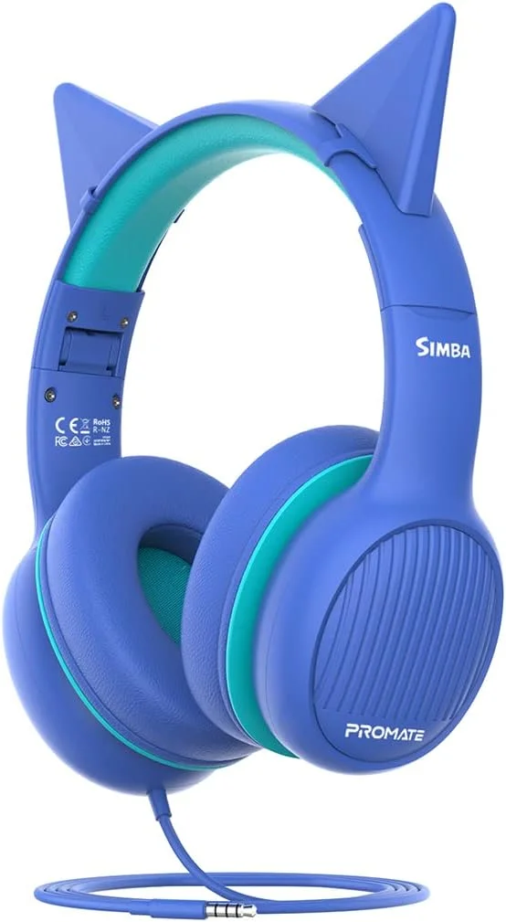 هدفون کودکانه پرومیت، هدفون سیمی تاشو روی گوشی با صدای ایمن محدود شده به 85 دسی بل، پورت اشتراک AUX 3.5 میلی متری، سیم AUX 1.2 متری بدون گره خوردگی، گوش های گربه ای جداشدنی و گوشی های نرم، Simba Aqua