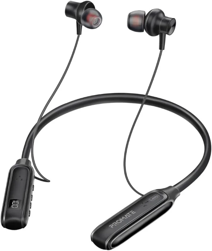 هدفون گردنی بی سیم پرومیت مدل Leap، بلوتوث 5.3 با کیفیت بالا، کنترل های روی سیم، سیلیکون ضد لغزش، صفحه نمایش LCD، مقاوم در برابر عرق، 150 ساعت پخش مداوم برای آیفون 17 و گلکسی S25، مشکی