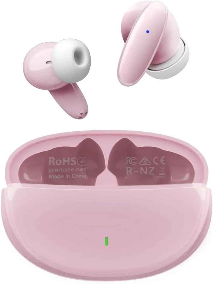 هدفون بی سیم Promate، هدفون بلوتوثی HD داخل گوشی با میکروفون، مقاومت در برابر آب IPX5، 20 ساعت پخش، کنترل لمسی هوشمند و جفت شدن خودکار هوشمند برای آیفون 17، گلکسی S25، صورتی