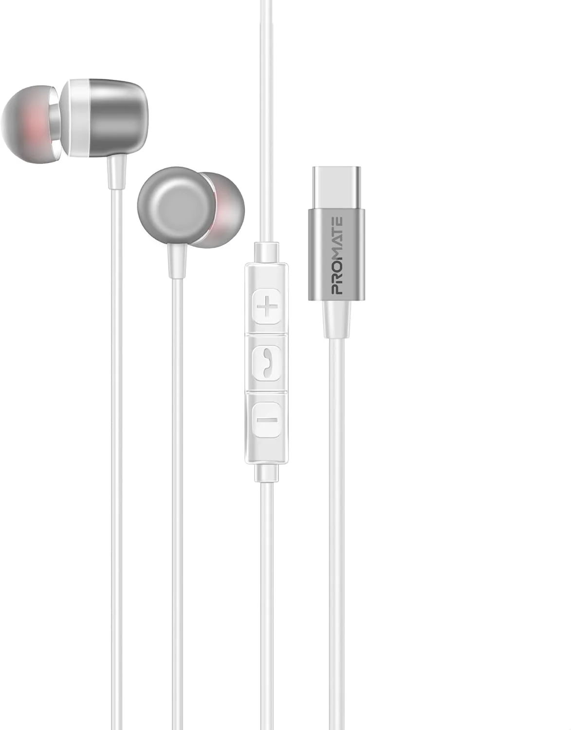 هدفون های USB-C با کیفیت بالا Promate با میکروفون ENC، کنترل های درون خطی، بدنه فلزی بادوام برای تماس های شفاف، کابل 1.2 متری TPE و سازگاری جهانی، Silken-ENC سفید