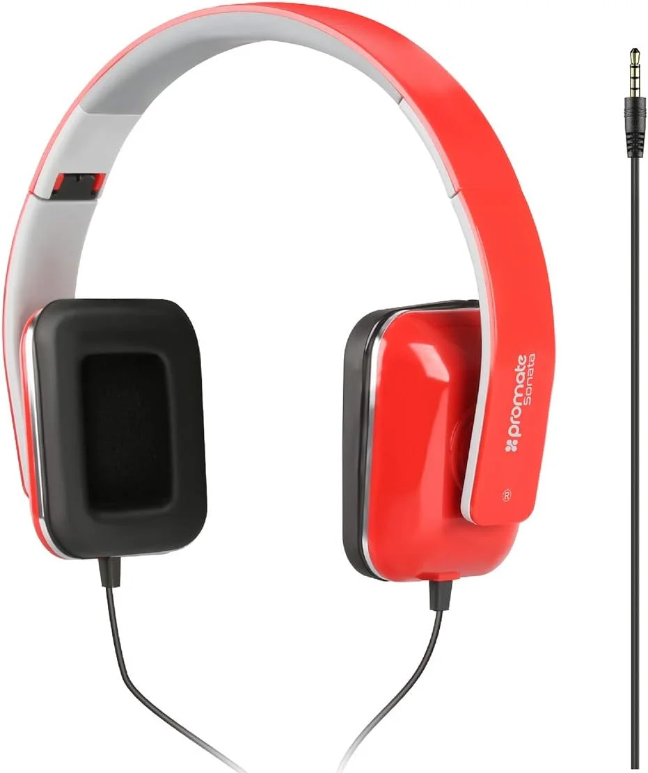 هدفون روگوشی پرومیت، هدست سیمی تاشو و سبک وزن استریو با میکروفون، عایق صدا، گوشی های چرمی راحت و کابل بدون گره برای تبلت، سوناتا قرمز هدفون روگوشی پرومیت، هدست سیمی تاشو و سبک وزن استریو با میکروفون، عایق صدا، گوشی های چرمی راحت و کابل بدون گره برای تبلت، سوناتا قرمز
