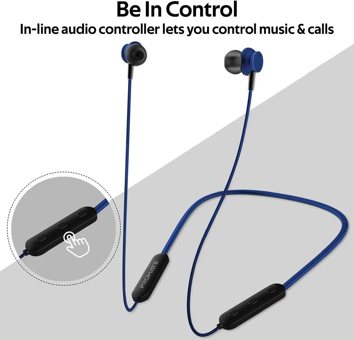 هدفون بی‌سیم Promate مدل Bali، هدفون گردنی بلوتوث نسخه 5.0 با آهنربا، میکروفون داخلی Hi-Res، کنترل چند منظوره و زمان پخش طولانی، آبی بالی
