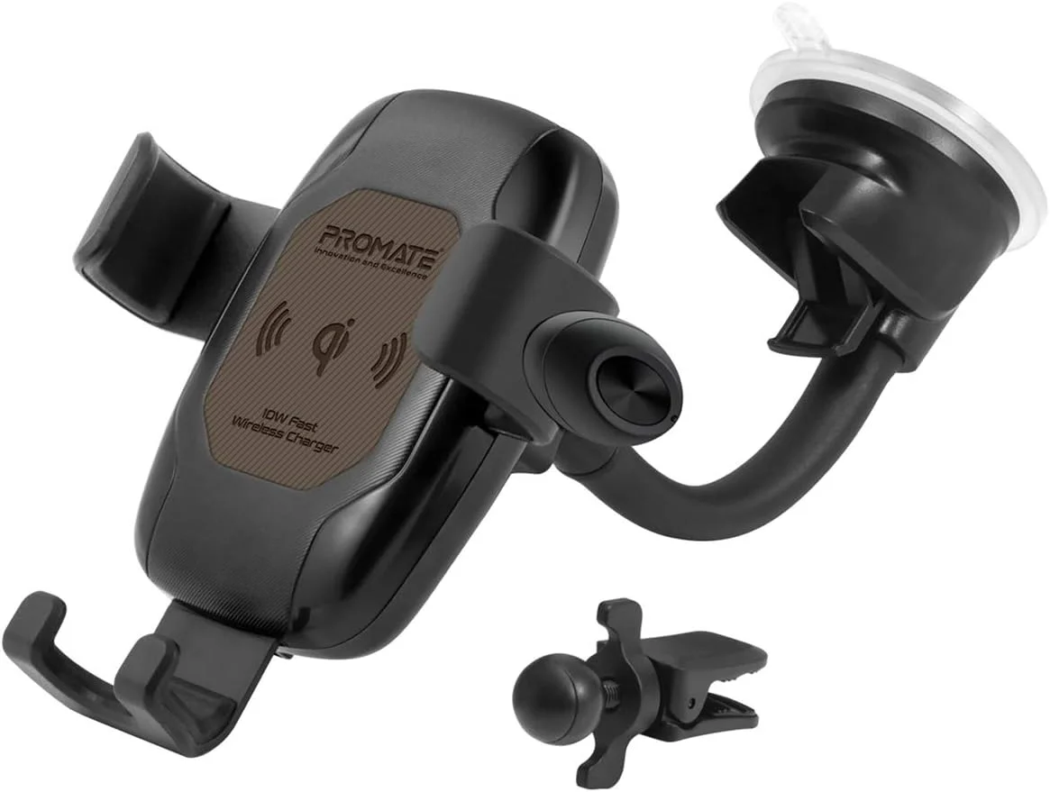 پایه شارژر بیسیم خودرو Promate با استاندارد Qi، پایه نگهدارنده خودرو با شارژر فوق سریع 10 واتی Qi و گیره خودکار به همراه هدست بیسیم مونو، میکروفون داخلی و چرخش 360 درجه برای دستگاههای Qi، مدل AuraMount-BT (قهوهای) پایه شارژر بیسیم خودرو Promate با استاندارد Qi، پایه نگهدارنده خودرو با شارژر فوق سریع 10 واتی Qi و گیره خودکار به همراه هدست بیسیم مونو، میکروفون داخلی و چرخش 360 درجه برای دستگاههای Qi، مدل AuraMount-BT (قهوهای)