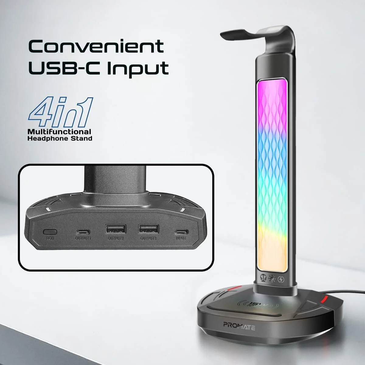 پایه هدست چند منظوره RGB پرومیت مدل Fort-X، با شارژر بیسیم 15 واتی، پورت USB-C و دو پورت USB-A، انتقال سریع داده 480 مگابیت بر ثانیه، نورپردازی RGB پویا، ورودی سریع USB-C و طراحی ارگونومیک پایه هدست چند منظوره RGB پرومیت مدل Fort-X، با شارژر بیسیم 15 واتی، پورت USB-C و دو پورت USB-A، انتقال سریع داده 480 مگابیت بر ثانیه، نورپردازی RGB پویا، ورودی سریع USB-C و طراحی ارگونومیک