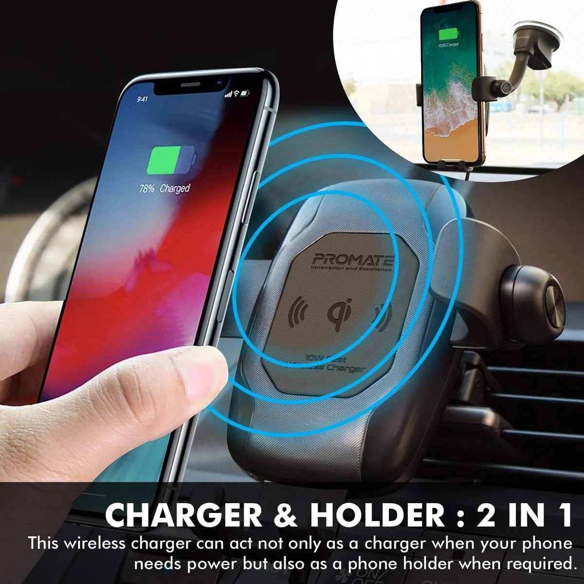 پایه شارژر بیسیم خودرو Promate با استاندارد Qi، پایه نگهدارنده خودرو با شارژر فوق سریع 10 واتی Qi و گیره خودکار به همراه هدست بیسیم مونو، میکروفون داخلی و چرخش 360 درجه برای دستگاههای Qi، مدل AuraMount-BT (قهوهای) پایه شارژر بیسیم خودرو Promate با استاندارد Qi، پایه نگهدارنده خودرو با شارژر فوق سریع 10 واتی Qi و گیره خودکار به همراه هدست بیسیم مونو، میکروفون داخلی و چرخش 360 درجه برای دستگاههای Qi، مدل AuraMount-BT (قهوهای)