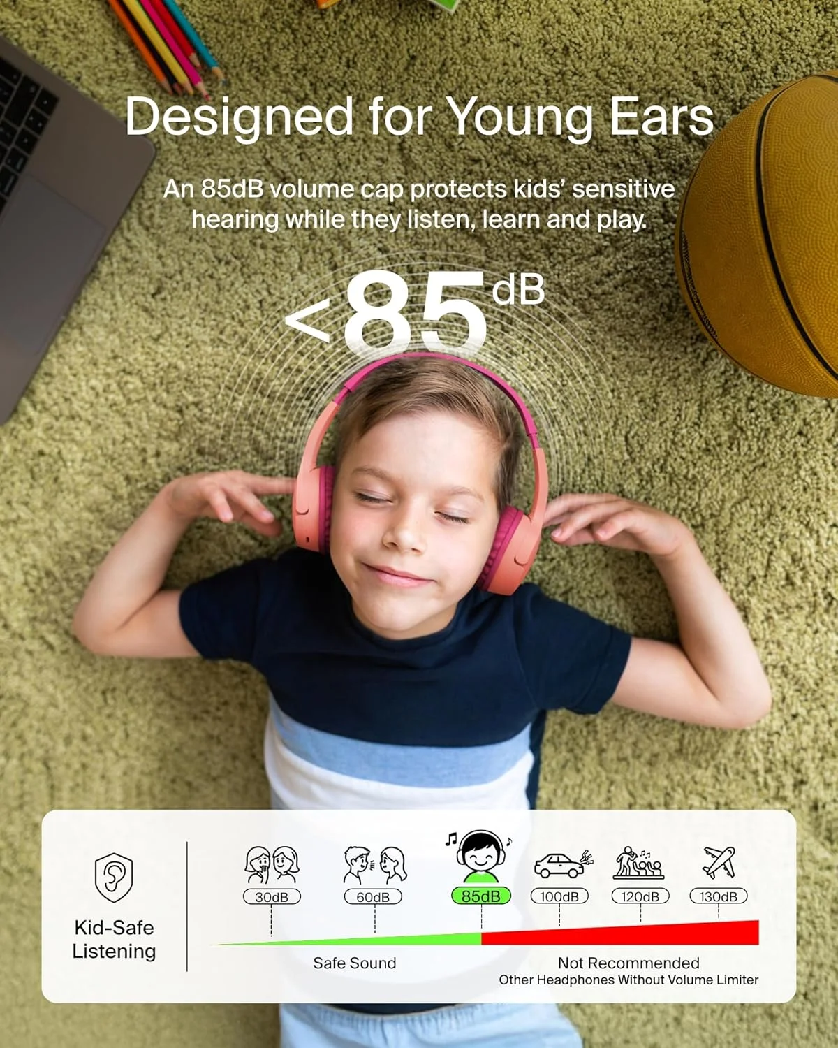 هدفون بی سیم کودکانه Belkin SoundForm Mini با میکروفون داخلی، 30 ساعت پخش موسیقی، و استیکرهای سرگرم کننده - هدفون روگوشی برای یادگیری آنلاین، مدرسه، مسافرت، آیفون، آیپد، گلکسی - صورتی
