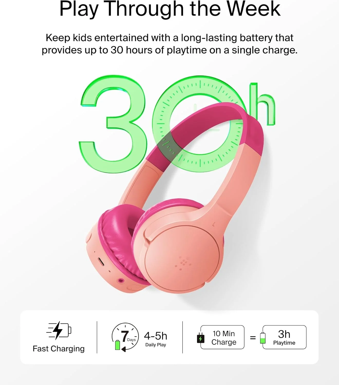 هدفون بی سیم کودکانه Belkin SoundForm Mini با میکروفون داخلی، 30 ساعت پخش موسیقی، و استیکرهای سرگرم کننده - هدفون روگوشی برای یادگیری آنلاین، مدرسه، مسافرت، آیفون، آیپد، گلکسی - صورتی