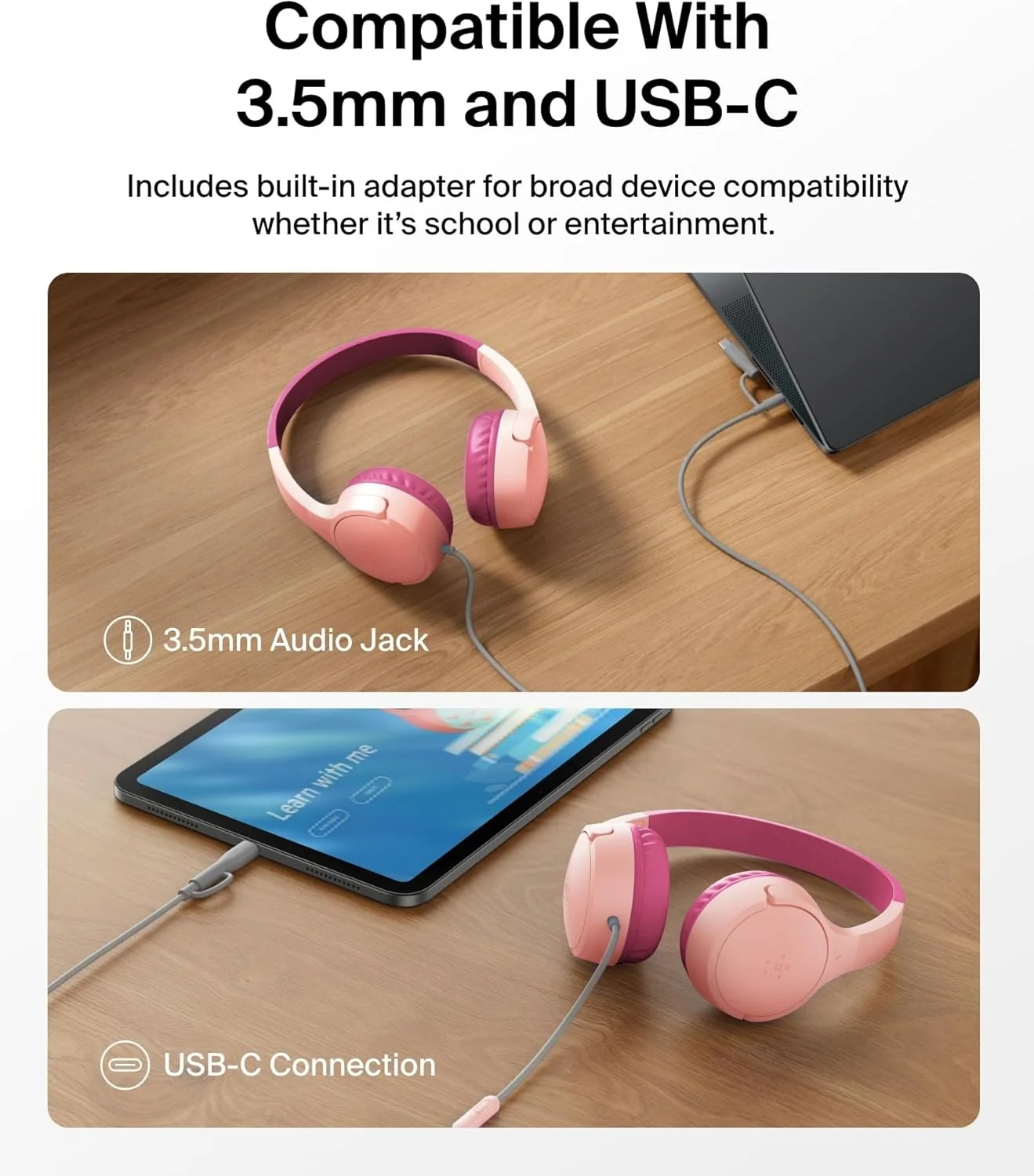 هدفون سیمی کودکانه بلکین SoundForm Mini با دانگل USB C به 3.5 میلیمتری، میکروفون داخلی و استیکرهای سرگرمکننده، حداکثر حجم صدا 85dB – برای آموزش آنلاین، مسافرت، سازگار با iPhone 16، iPad، Galaxy S25 و غیره - صورتی هدفون سیمی کودکانه بلکین SoundForm Mini با دانگل USB C به 3.5 میلیمتری، میکروفون داخلی و استیکرهای سرگرمکننده، حداکثر حجم صدا 85dB – برای آموزش آنلاین، مسافرت، سازگار با iPhone 16، iPad، Galaxy S25 و غیره - صورتی