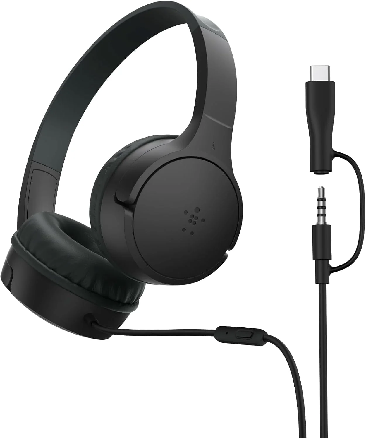 هدفون سیمی بچه گانه Belkin SoundForm Mini با دانگل USB C به 3.5 میلی‌متری، میکروفون داخلی و استیکرهای سرگرم‌کننده، حداکثر حجم صدا 85 دسی‌بل - برای آموزش آنلاین، مسافرت، سازگار با iPhone 16، iPad، Galaxy S25 و غیره - مشکی