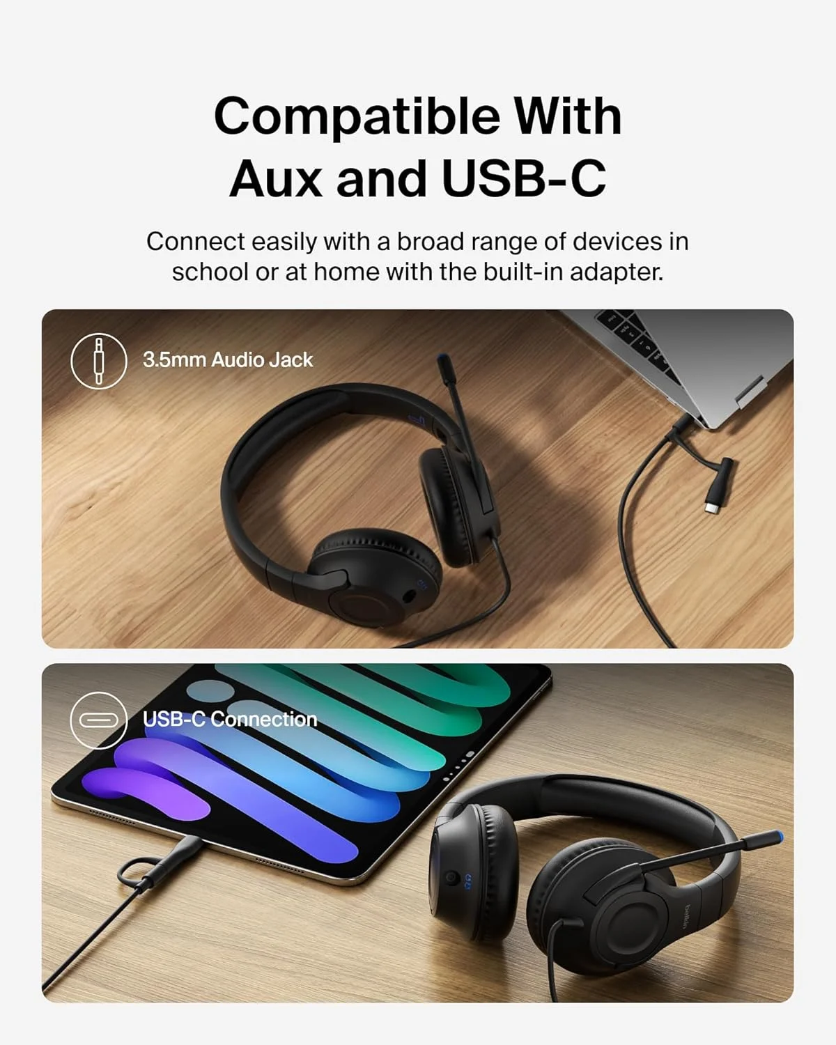 هدست روگوشی سیمی بلکین SoundForm Inspire برای کودکان، مناسب یادگیری آنلاین و مسافرت با میکروفون بوم داخلی، محدودیت صدای ایمن 85 دسی بل - USB-C و 3.5 میلی متری - سازگار با آیفون، آیپد، گلکسی و سایر دستگاه ها - مشکی