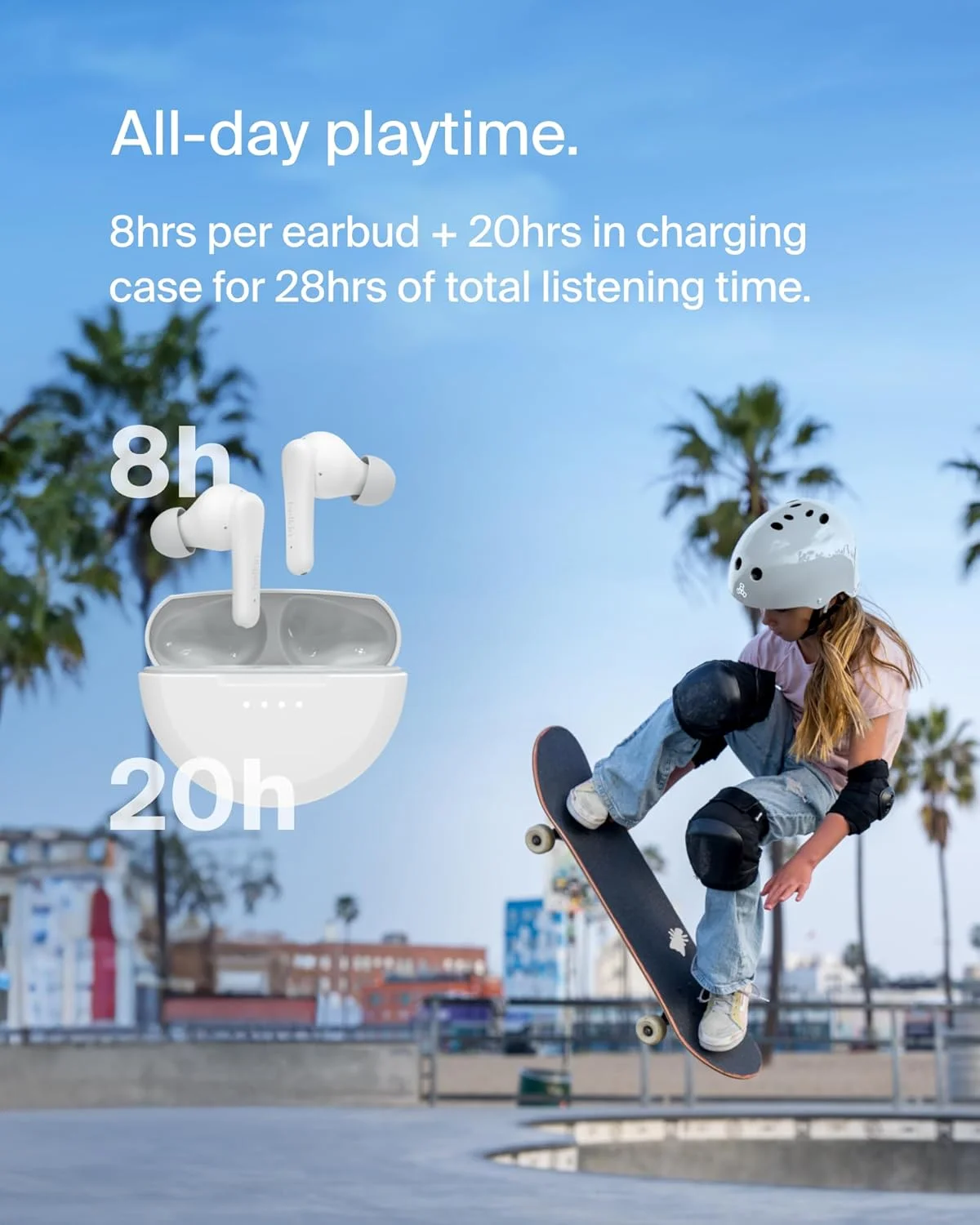 هدفون بلوتوثی کودکانه Belkin SoundForm Nano 2 با میکروفون داخلی، 28 ساعت عمر باتری، صدای ایمن 85 دسی بل، مقاومت در برابر آب IPX5 - هدفون بلوتوثی کودکانه برای آیفون، آیپد، گلکسی و غیره - سفید