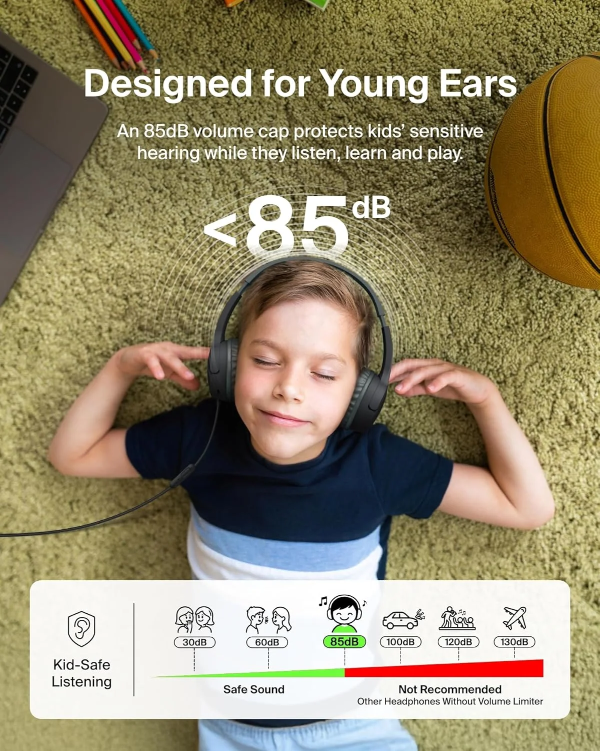 هدفون سیمی بچه گانه Belkin SoundForm Mini با دانگل USB C به 3.5 میلی‌متری، میکروفون داخلی و استیکرهای سرگرم‌کننده، حداکثر حجم صدا 85 دسی‌بل - برای آموزش آنلاین، مسافرت، سازگار با iPhone 16، iPad، Galaxy S25 و غیره - مشکی