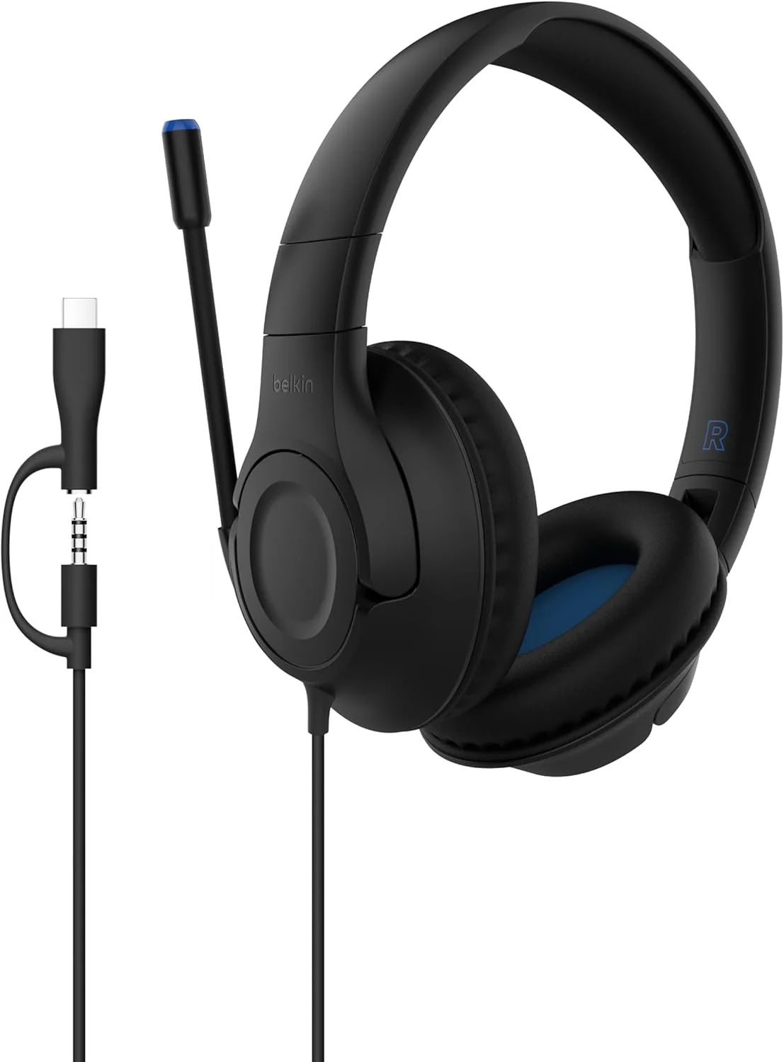 هدست روگوشی سیمی بلکین SoundForm Inspire برای کودکان، مناسب یادگیری آنلاین و مسافرت با میکروفون بوم داخلی، محدودیت صدای ایمن 85 دسی بل - USB-C و 3.5 میلی متری - سازگار با آیفون، آیپد، گلکسی و سایر دستگاه ها - مشکی