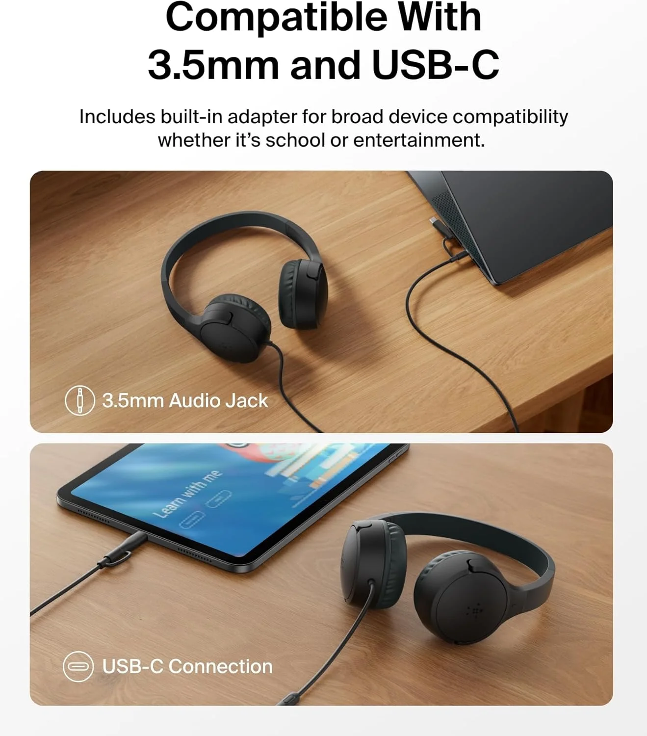 هدفون سیمی بچه گانه Belkin SoundForm Mini با دانگل USB C به 3.5 میلی‌متری، میکروفون داخلی و استیکرهای سرگرم‌کننده، حداکثر حجم صدا 85 دسی‌بل - برای آموزش آنلاین، مسافرت، سازگار با iPhone 16، iPad، Galaxy S25 و غیره - مشکی