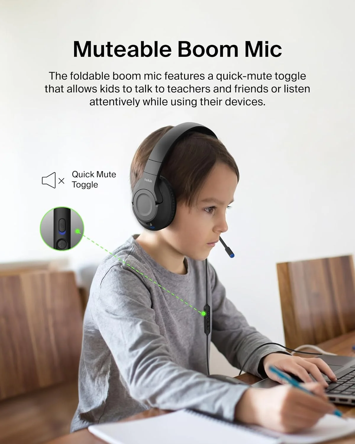 هدست روگوشی سیمی بلکین SoundForm Inspire برای کودکان، مناسب یادگیری آنلاین و مسافرت با میکروفون بوم داخلی، محدودیت صدای ایمن 85 دسی بل - USB-C و 3.5 میلی متری - سازگار با آیفون، آیپد، گلکسی و سایر دستگاه ها - مشکی