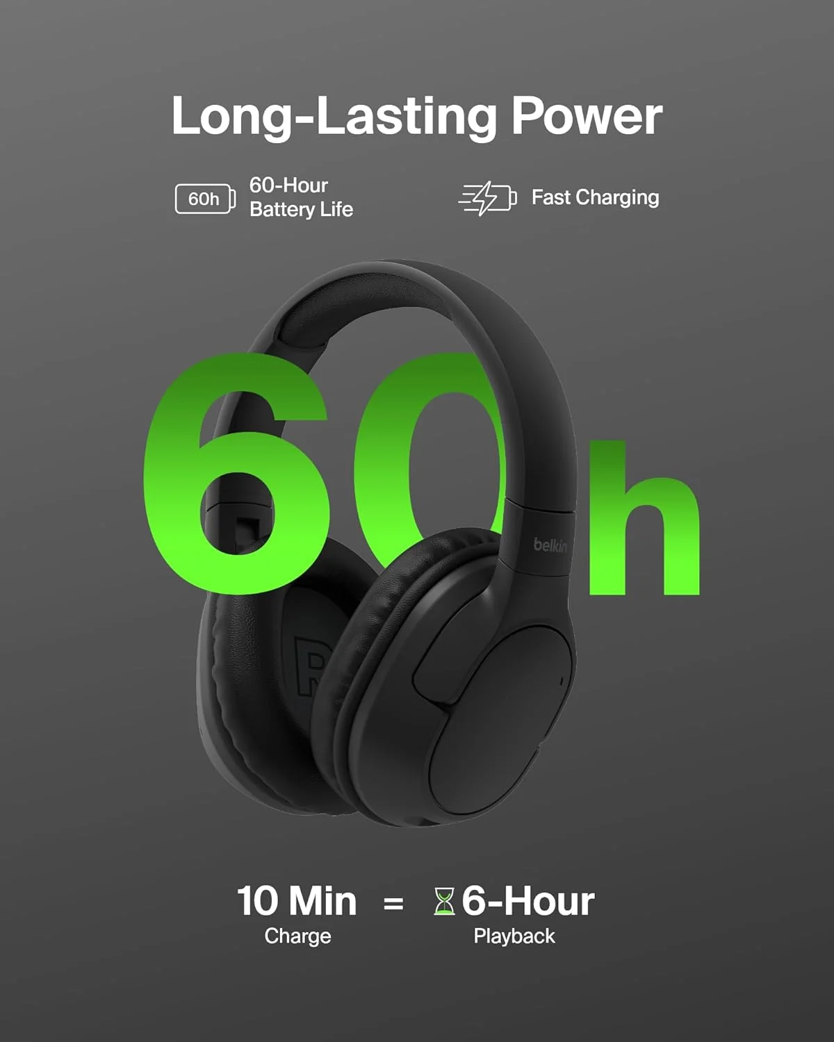 هدفون بلوتوثی دور گوشی بلکین SoundForm Surround - هدفون حذف نویز محیطی - بی سیم با 60 ساعت پخش و کاپ های نرم برای آیفون، گلکسی، آیپد، مسافرت، خانه یا دفتر - مشکی