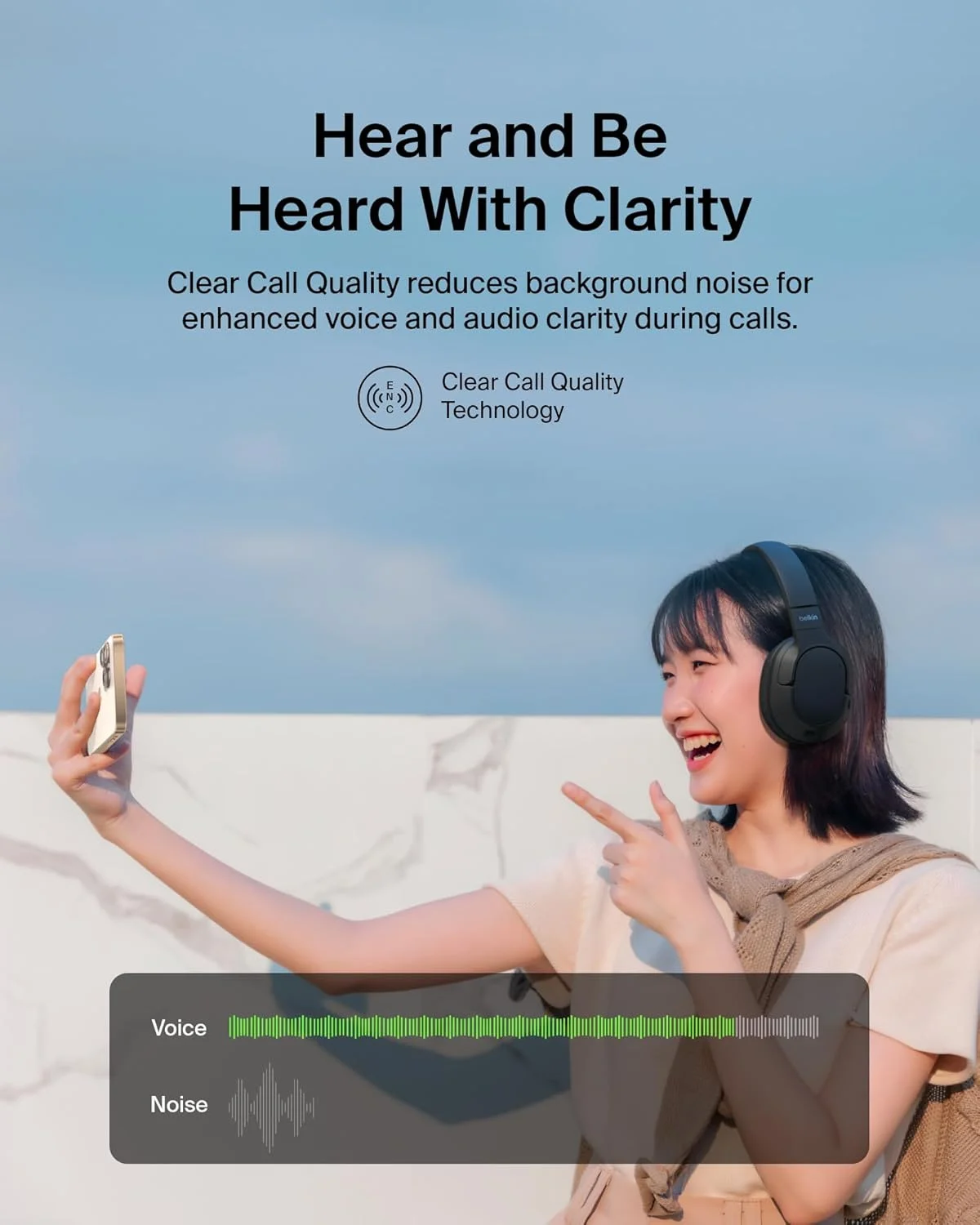 هدفون بلوتوثی دور گوشی بلکین SoundForm Surround - هدفون حذف نویز محیطی - بی سیم با 60 ساعت پخش و کاپ های نرم برای آیفون، گلکسی، آیپد، مسافرت، خانه یا دفتر - مشکی