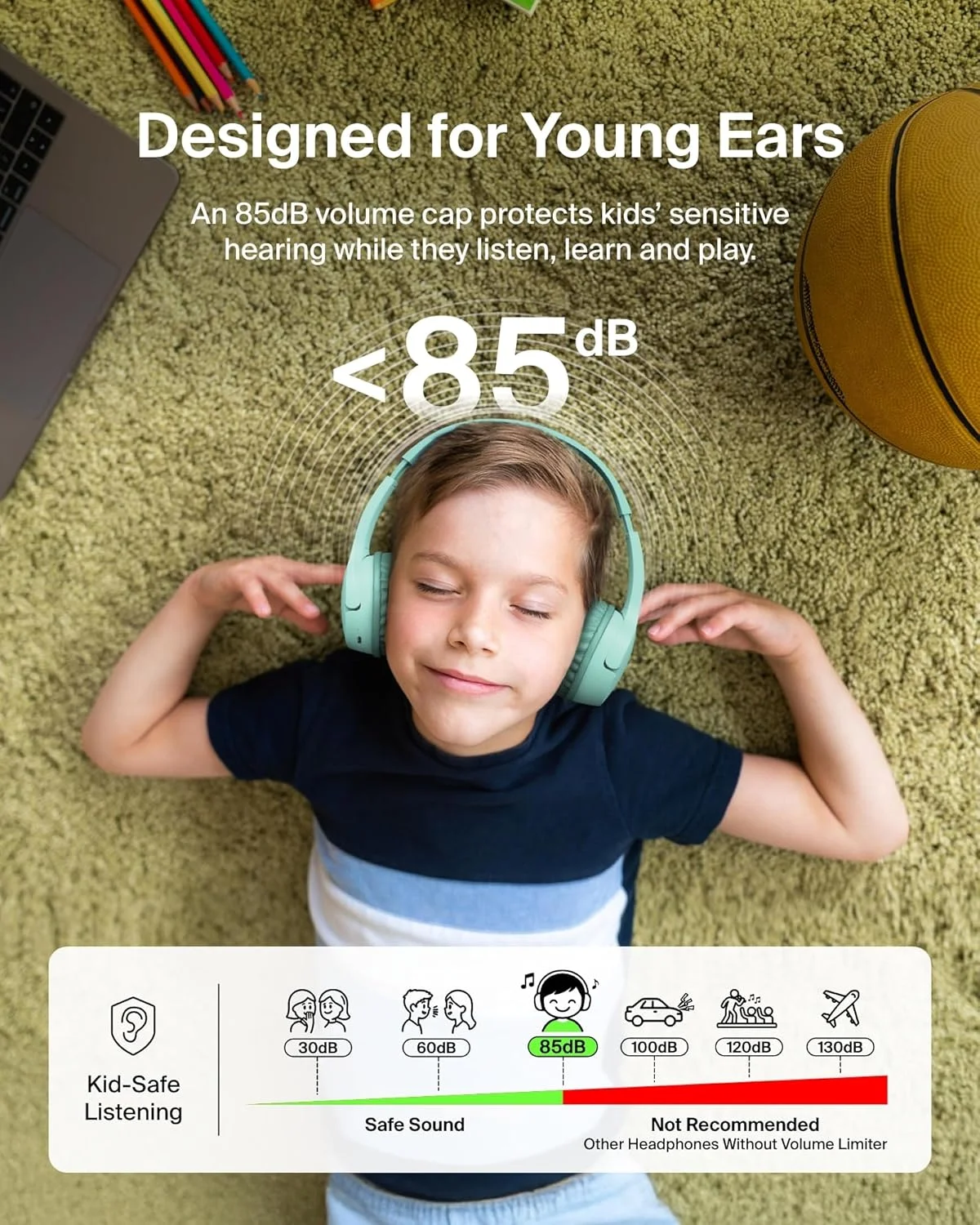 هدفون بی سیم بلوتوثی کودکانه Belkin SoundForm Mini با 30 ساعت عمر باتری، محدودیت ایمن حجم صدا 85 دسی بل، میکروفون داخلی - هدفون های رو گوشی کودکانه برای آیفون، آیپد، تبلت فایر و غیره - نعنایی