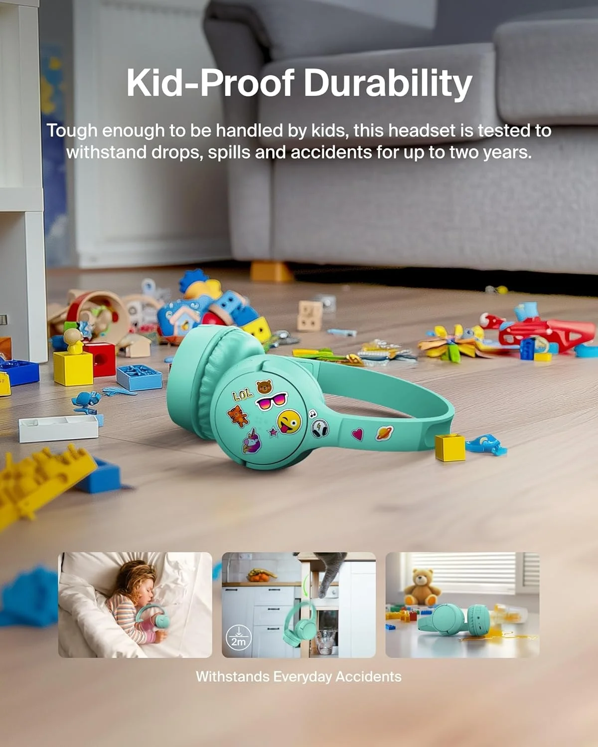 هدفون بی سیم بلوتوثی کودکانه Belkin SoundForm Mini با 30 ساعت عمر باتری، محدودیت ایمن حجم صدا 85 دسی بل، میکروفون داخلی - هدفون های رو گوشی کودکانه برای آیفون، آیپد، تبلت فایر و غیره - نعنایی