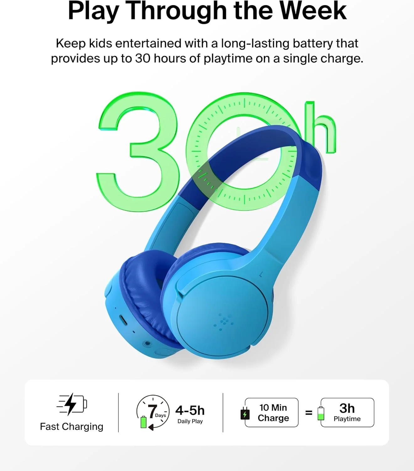 هدفون بی سیم بلوتوثی کودکانه Belkin SoundForm Mini - با 30 ساعت عمر باتری، محدودیت ایمن حجم صدا 85dB، میکروفون داخلی - هدفون های رو گوشی کودکانه برای آیفون، آیپد، تبلت فایر و غیره - آبی
