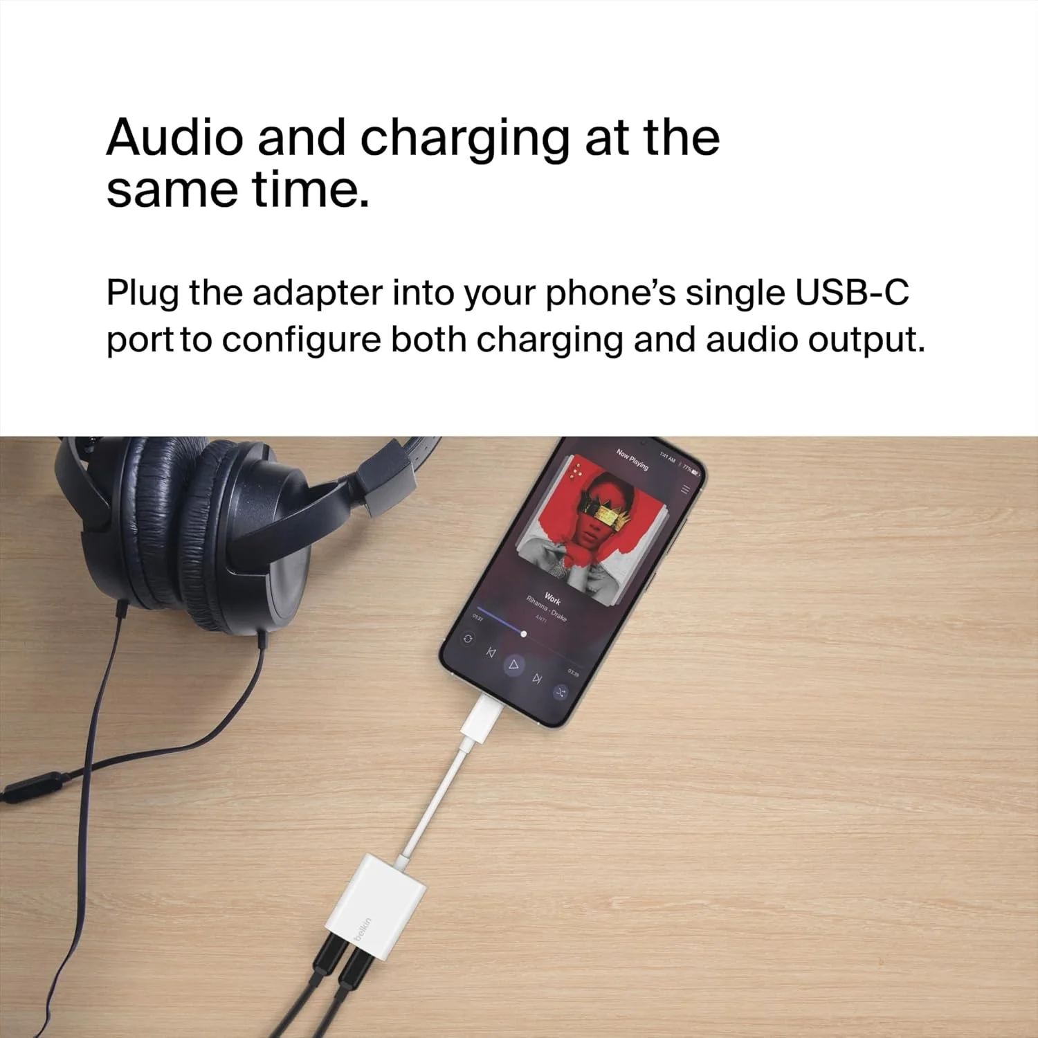 آداپتور صوتی و شارژ USB-C بلکین RockStar™، آداپتور هدفون با تحویل توان USB-C 60W شارژ سریع برای آیفون 16، آیپد پرو، گلکسی، نوت، گوگل پیکسل، ال‌جی، سونی، وان پلاس و غیره - سفید