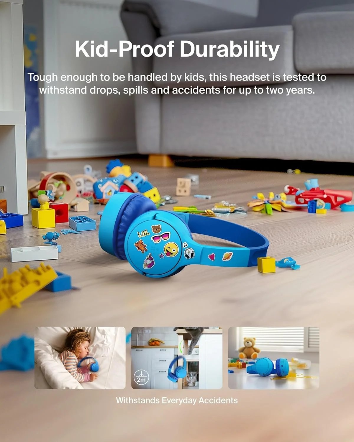 هدفون بی سیم بلوتوثی کودکانه Belkin SoundForm Mini - با 30 ساعت عمر باتری، محدودیت ایمن حجم صدا 85dB، میکروفون داخلی - هدفون های رو گوشی کودکانه برای آیفون، آیپد، تبلت فایر و غیره - آبی