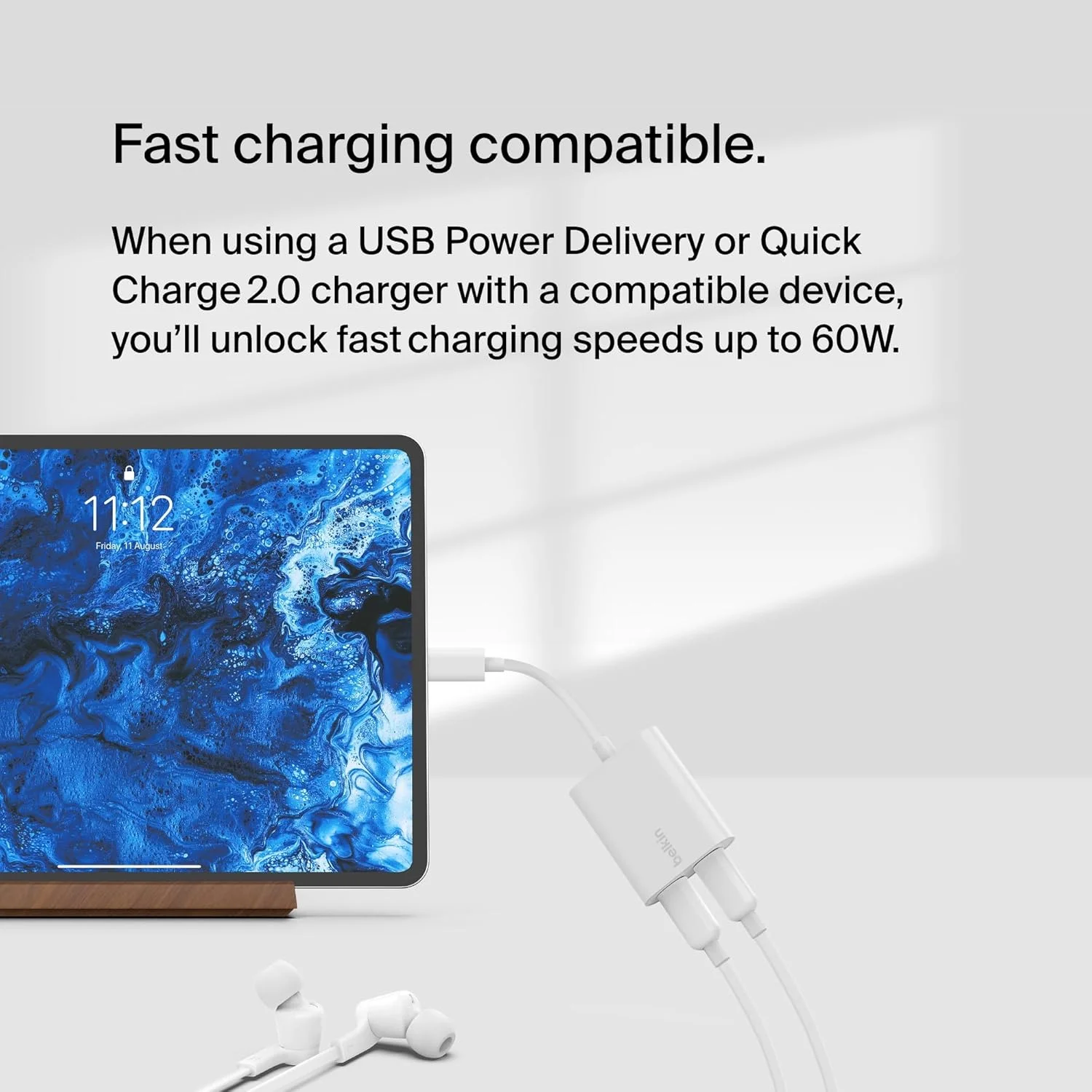 آداپتور صوتی و شارژ USB-C بلکین RockStar™، آداپتور هدفون با تحویل توان USB-C 60W شارژ سریع برای آیفون 16، آیپد پرو، گلکسی، نوت، گوگل پیکسل، ال‌جی، سونی، وان پلاس و غیره - سفید