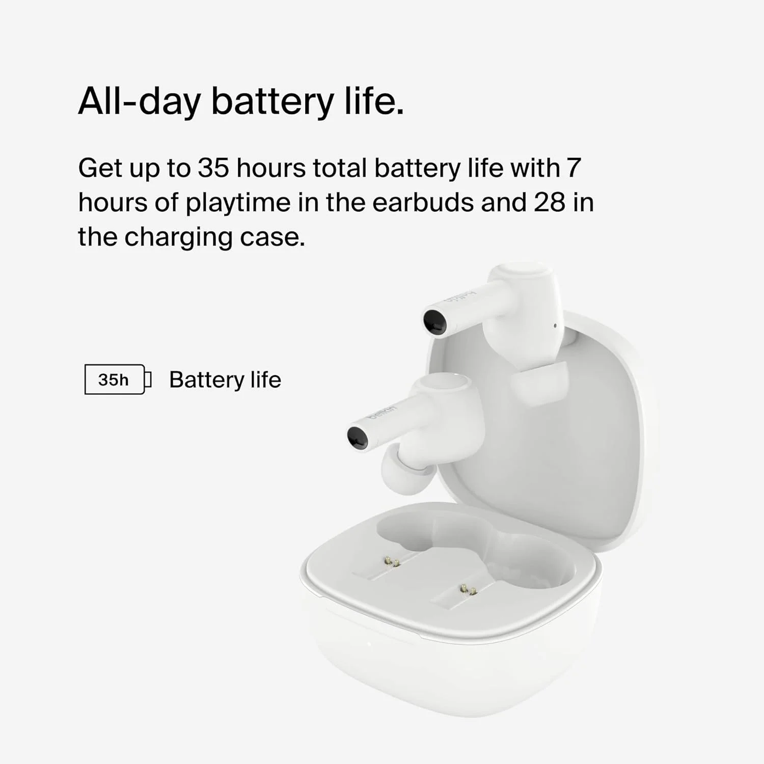 هدفون بی سیم حذف نویز Belkin SoundForm™ Pulse، همراه با جعبه شارژ بی سیم و سه میکروفون در هر گوشی - هدفون بلوتوث مقاوم در برابر آب IPX5 برای آیفون و سامسونگ - سفید