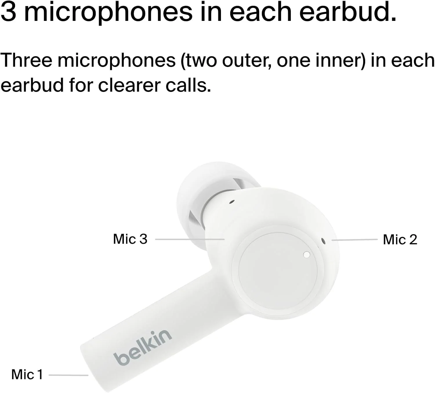 هدفون بی سیم حذف نویز Belkin SoundForm™ Pulse، همراه با جعبه شارژ بی سیم و سه میکروفون در هر گوشی - هدفون بلوتوث مقاوم در برابر آب IPX5 برای آیفون و سامسونگ - سفید