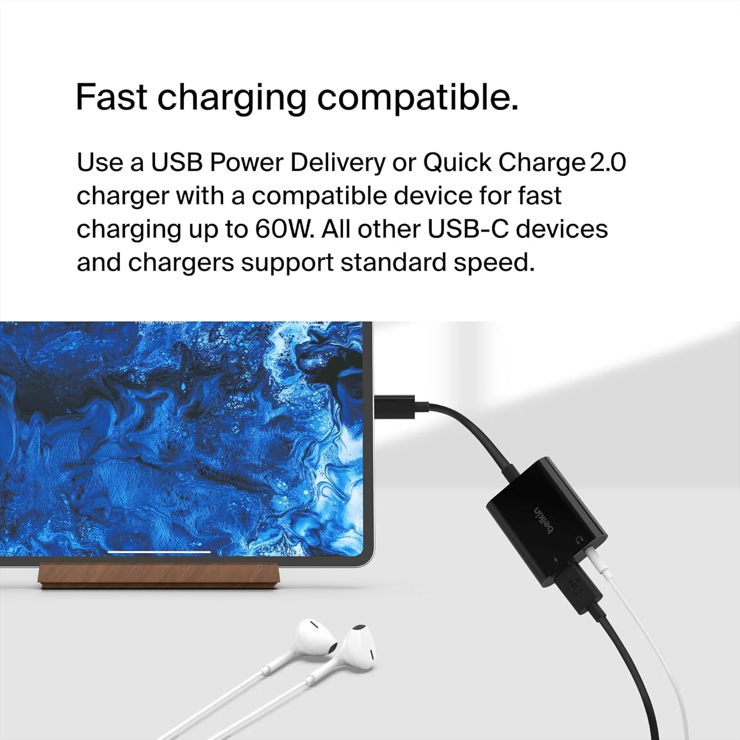 آداپتور صوتی 3.5 میلی‌متری و شارژ USB-C بلکین Rockstar، آداپتور صوتی USB-C سازگار با آیپد پرو 12.9، 11، گلکسی، پیکسل، وان پلاس و غیره