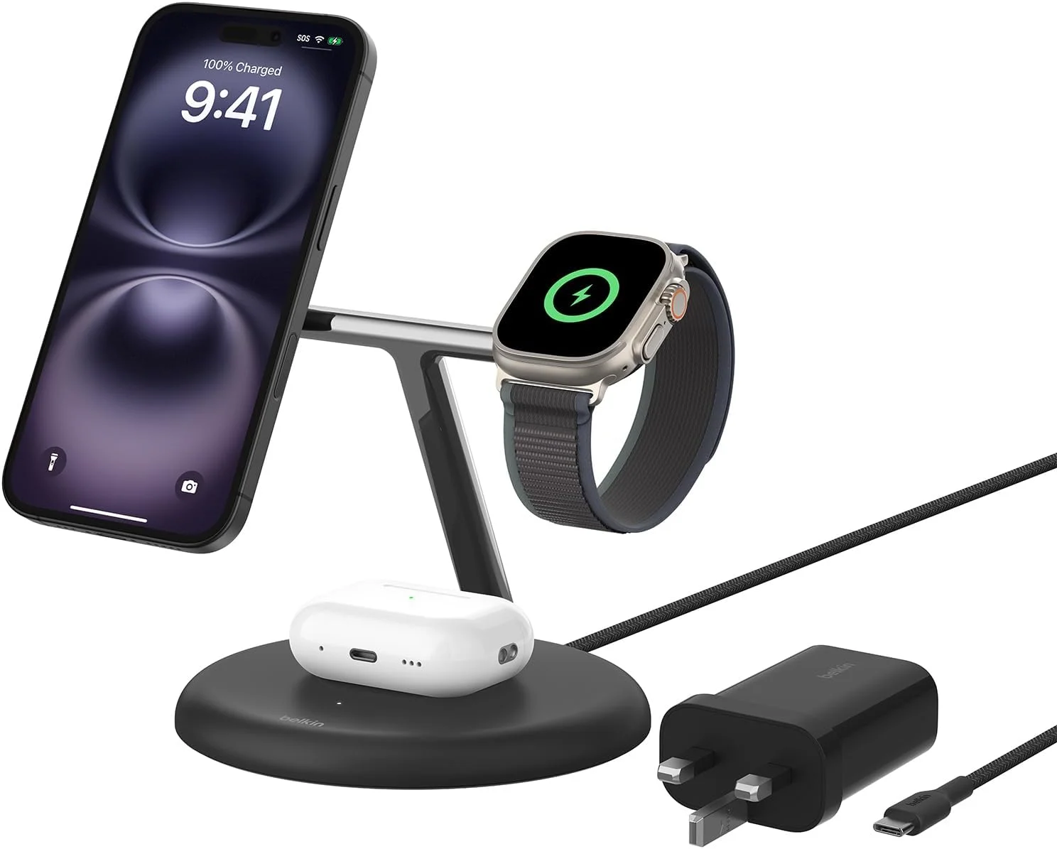 پایه شارژ بیسیم 3 در 1 بلکین BoostCharge با Qi2 15W، شارژر سریع سازگار با MagSafe برای آیفون 17، ایر، 16، 15، 14، 13، 12 سری، PixelSnap، ایرپادز، اپل واچ (PSU شامل) - مشکی پایه شارژ بیسیم 3 در 1 بلکین BoostCharge با Qi2 15W، شارژر سریع سازگار با MagSafe برای آیفون 17، ایر، 16، 15، 14، 13، 12 سری، PixelSnap، ایرپادز، اپل واچ (PSU شامل) - مشکی