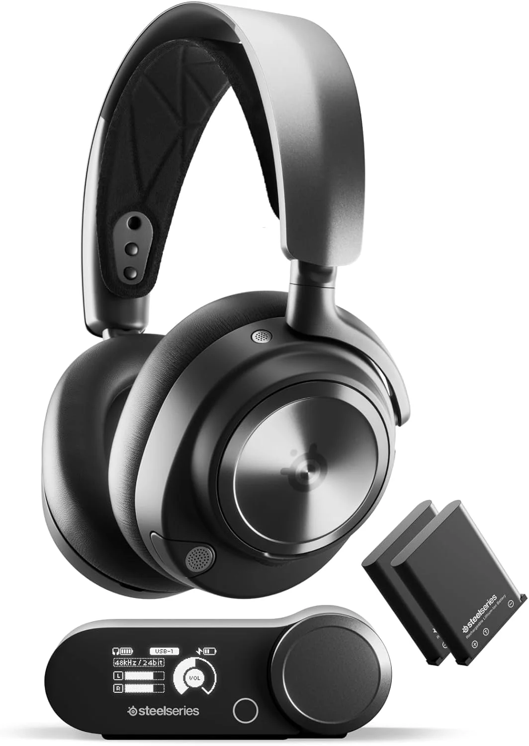 هدست گیمینگ بی‌سیم SteelSeries Arctis Nova Pro - درایورهای Hi-Fi ممتاز - حذف نویز فعال - سیستم قدرت بی نهایت - سازگار با PC، PS5، PS4، Switch، موبایل