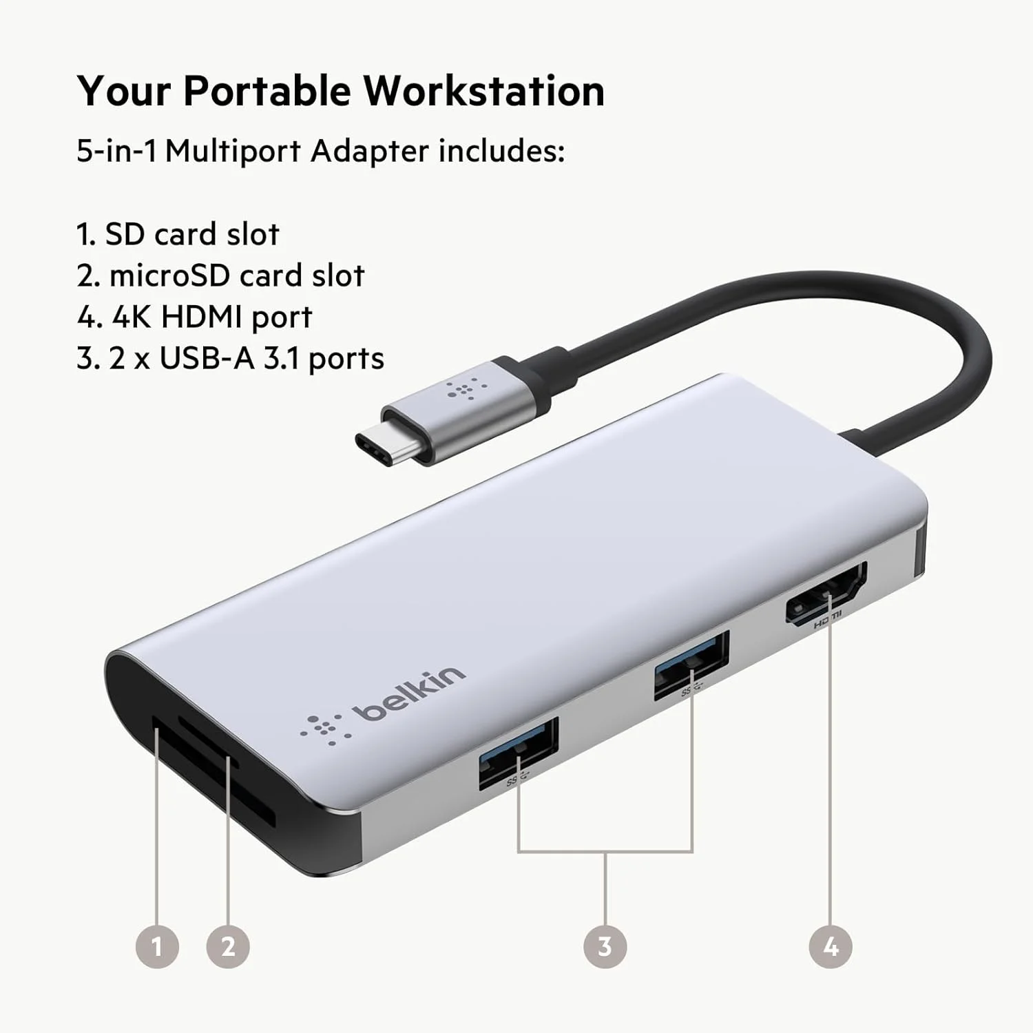 هاب USB C بلکین، داک آداپتور چند پورت 5 در 1 با HDMI 4K، 2 عدد USB A 3.1، اسلات کارت SD و microSD برای MacBook Pro، Air، iPad Pro، XPS و غیره، PVC002